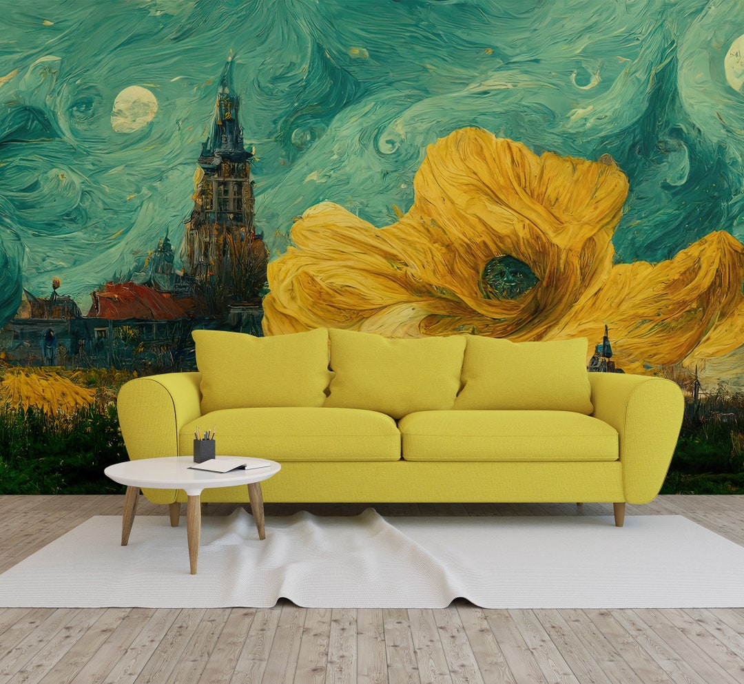 Painted Colorful Landscape Wallpaper wall Decor, Peel and Stick self