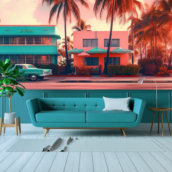 Miami vibes wallpaper, tropical wallpaper, retro city wall mural, City Print [Peel and Stick (self adhesive) or Non-Pasted Vinyl Papers]