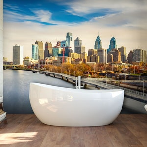 Panoramic wallpaper of Philadelphia skyline and Schuylkill river| peel and stick, self adhesive, wall mural, removable wallpaper, wall decor