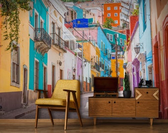 Mexico wallpaper, Colorful alleys and streets, Guanajuato city | peel and stick, self adhesive, wall mural, removable wallpaper, wall decor