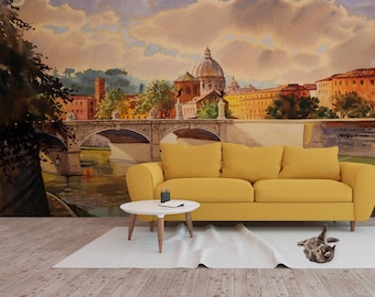 Wallpaper with Basilica San Pietro and Tiber river, Rome, Italy | peel and stick, self adhesive, wall mural, removable wallpaper, wall decor
