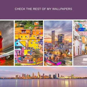 May include: A collage of five images showcasing different cityscapes. The first image shows a red monument with a flame on top, the second image shows a colorful hillside with buildings, the third image shows a city skyline with skyscrapers, the fourth image shows a colorful hillside with buildings, and the fifth image shows a city skyline with skyscrapers.