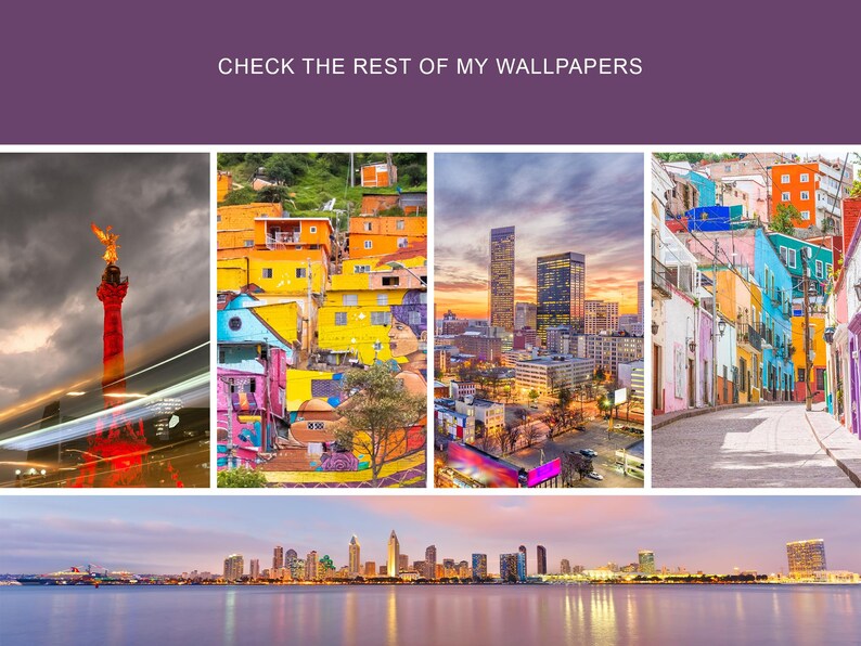 May include: A collage of five images showcasing different cityscapes. The first image shows a red monument with a flame on top, the second image shows a colorful hillside with buildings, the third image shows a city skyline with skyscrapers, the fourth image shows a colorful hillside with buildings, and the fifth image shows a city skyline with skyscrapers.