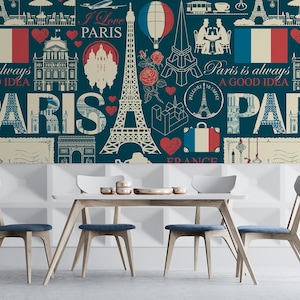 Retro-Tapete mit Frankreich und Paris, Sehenswürdigkeiten, Karte und Flagge Frankreichs | Abziehen und Aufkleben, selbstklebend, Wandgemälde, abnehmbare Tapete