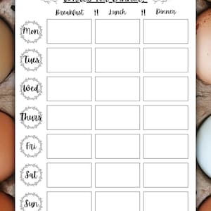 May include: A white meal planner with the text "What's for Dinner?" and spaces for breakfast, lunch, and dinner. The days of the week are listed with decorative floral accents. The planner is set against a background of eggs.