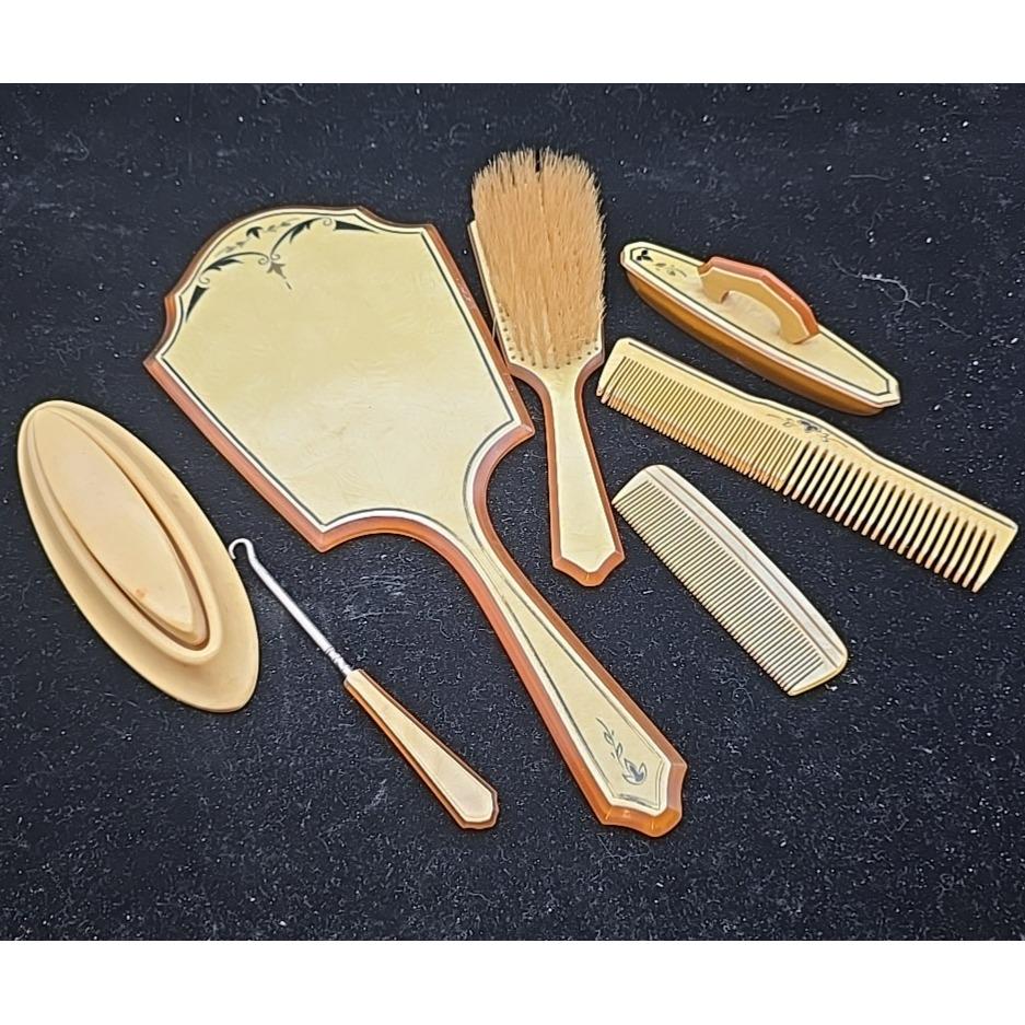 Lucite Celluloid Art Deco Vanity Dresser Set Antique Vintage  display picture 3