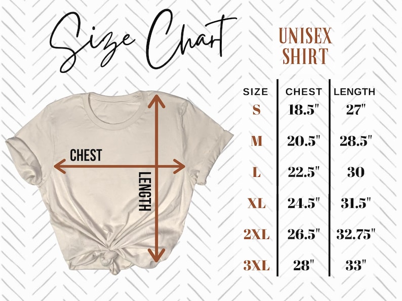 May include: A beige unisex t-shirt with a size chart. The chart shows chest and length measurements in inches for sizes S to 3XL. The text "Size Chart" and "UNISEX SHIRT" are also visible.