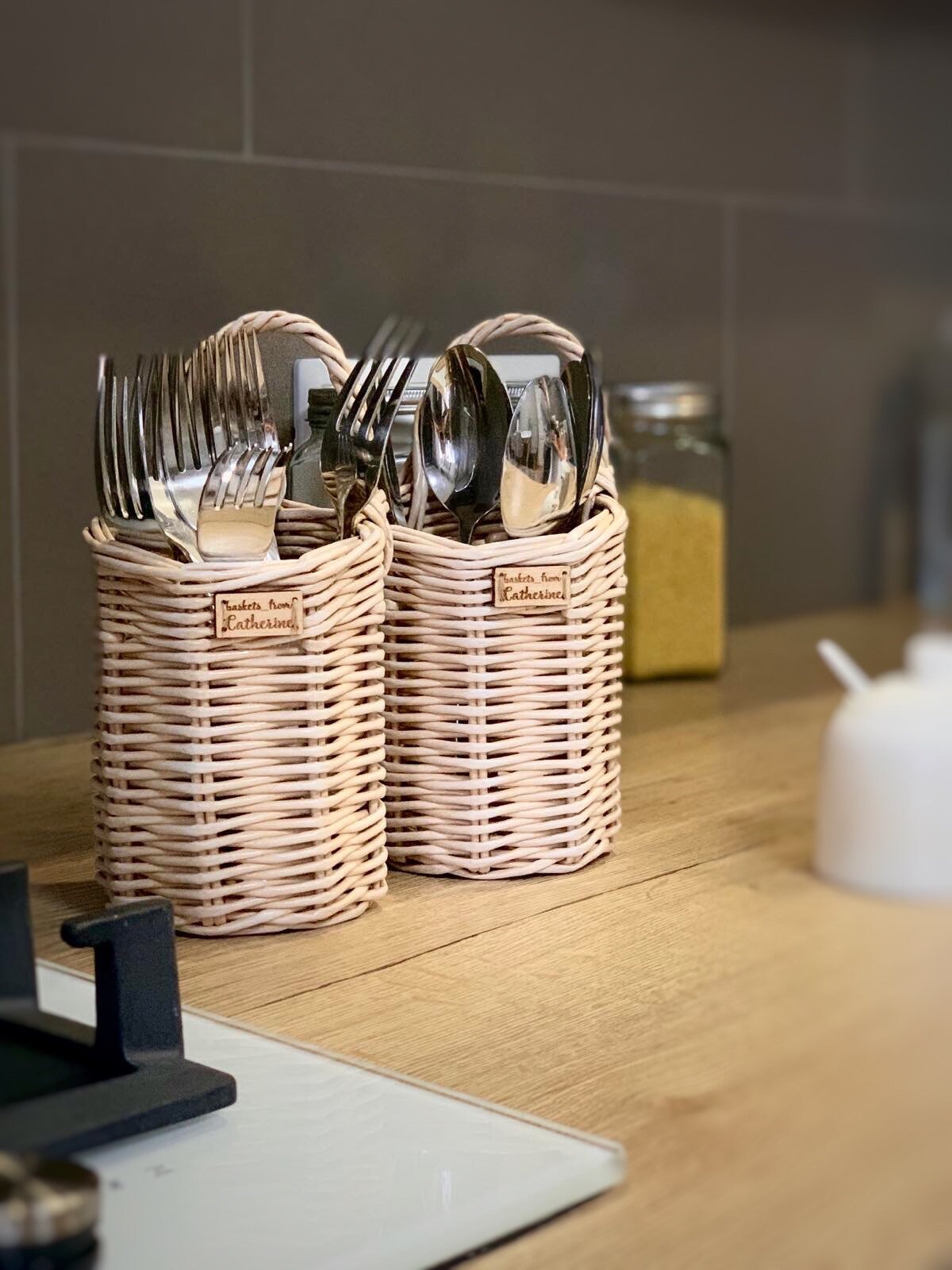 Wicker wall basket set Round kitchen storage Utensil holder Etsy