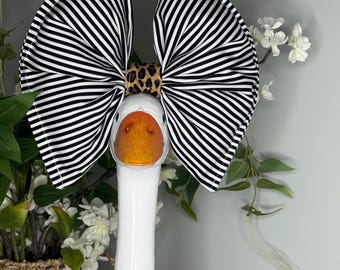 Oversized Black White Stripe Goose Bow Tie – Leopard Accent Accessory