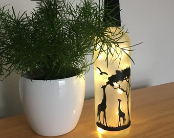 Light Up Bottle Giraffe Safari Design, Giraffe Light, Giraffe Gift, Giraffe Decorative Bottle, Giraffe Lamp (Frosted Glass Or Clear Glass)