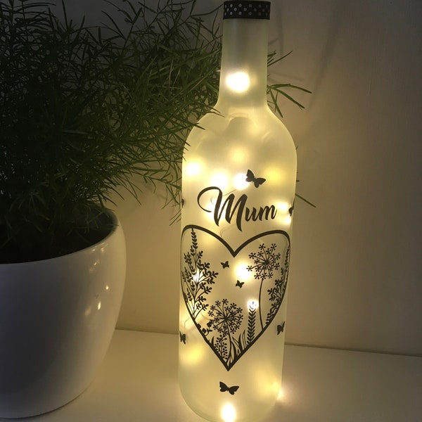 Personalised Light Up Bottle Hearts and Flowers Design (Frosted Glass Or Clear) Gift Mum, Sister, Nanny, Auntie, Friend