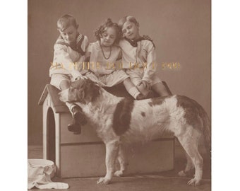 Vintage postcard ∙ Children playing with their big dog