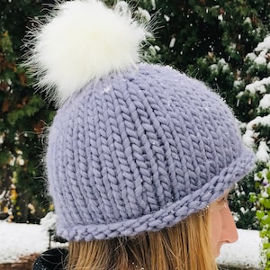 Hand Knit Bulky Alpaca Wool Beanie Hat with Faux Fur Pom