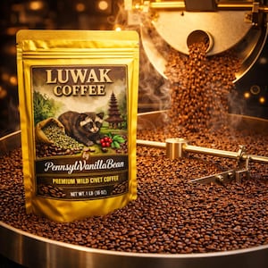 Könnte beinhalten: Eine goldfarbene Folienverpackung mit Luwak-Kaffee von PennsylvanillaBean. Die Verpackung zeigt eine Illustration eines Waschbären, Kaffeebohnen und einer Pagode. Die Packung enthält Premium-Wild-Zibetkaffee, Nettogewicht 454g. Kaffeebohnen werden im Hintergrund geröstet.