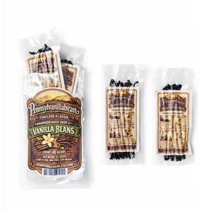 May include: Several packages of vanilla beans are displayed. The largest package features a label with the text "Pennsylvanillabean" and "Vanilla Beans." The label also includes the text "Count: 40 Beans" and "Best Before 12/2030."