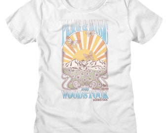 Camiseta blanca para mujer con paisaje de paz y música de Woodstock