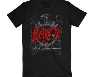 May include: Black t-shirt with a graphic of a winged eagle holding a circle with the word "SLAYER" in red letters.