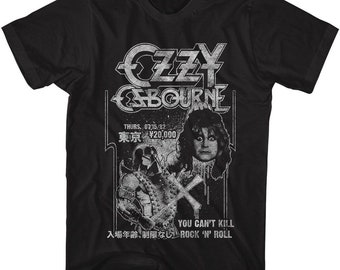 May include: Black t-shirt with a white graphic print of Ozzy Osbourne. The graphic includes the text "CZZY SBOURNE", "THURS. 07/15/82", "東京¥20,000", "YOU CAN'T KILL", and "入場年齢、制限なし ROCK 'N' ROLL".