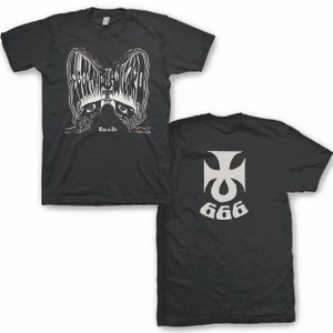 May include: Black t-shirt with a white graphic of a skull with wings and the text "Time to Die". The back of the shirt has a white graphic of a cross with the number 666.