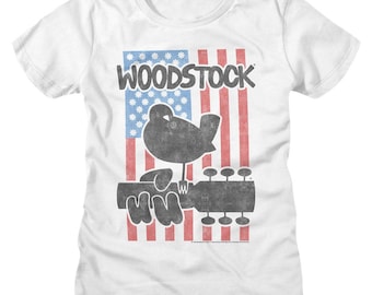 Camiseta blanca con la bandera de flores de Woodstock para mujer