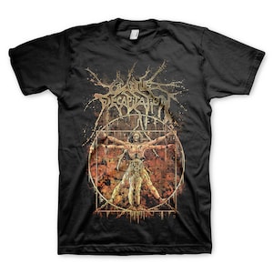 May include: Black t-shirt featuring a graphic design with the text "Cattle Decapitation" above a skeletal figure within a circle. The design has a distressed, vintage look with brown and gold tones.