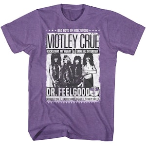 May include: Purple t-shirt with a black and white graphic of the band Motley Crue. The graphic includes the band's name, the album title "Dr. Feelgood", and the song titles "Kickstart My Heart", "Same Ol' Situation", "Without You", "Rattlesnake Shake", and "Sticky Sweet".
