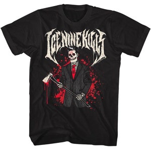 Peut inclure: T-shirt noir avec un graphique d'un squelette en costume tenant une hache. Le texte "ICE NINE KILLS" est au-dessus du squelette.