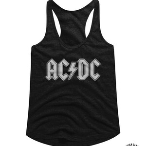 May include: Black tank top with a white AC/DC logo. The logo is a stylized font with a lightning bolt in the middle. The tank top is made of a soft, comfortable material.