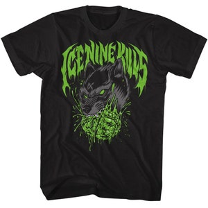 May include: Black t-shirt with a green and white graphic of a wolf biting a green brain with the text "Ice Nine Kills" in a stylized font.
