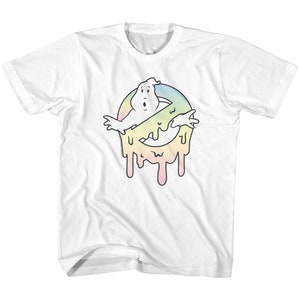 May include: White t-shirt with a rainbow-colored Ghostbusters logo. The logo is dripping with rainbow-colored paint.