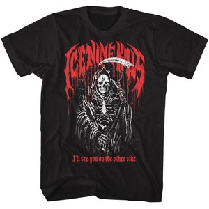 May include: Black t-shirt with a red graphic of a skeleton holding a scythe. The graphic says "GENNING KILLS" and "I'll see you on the other side".