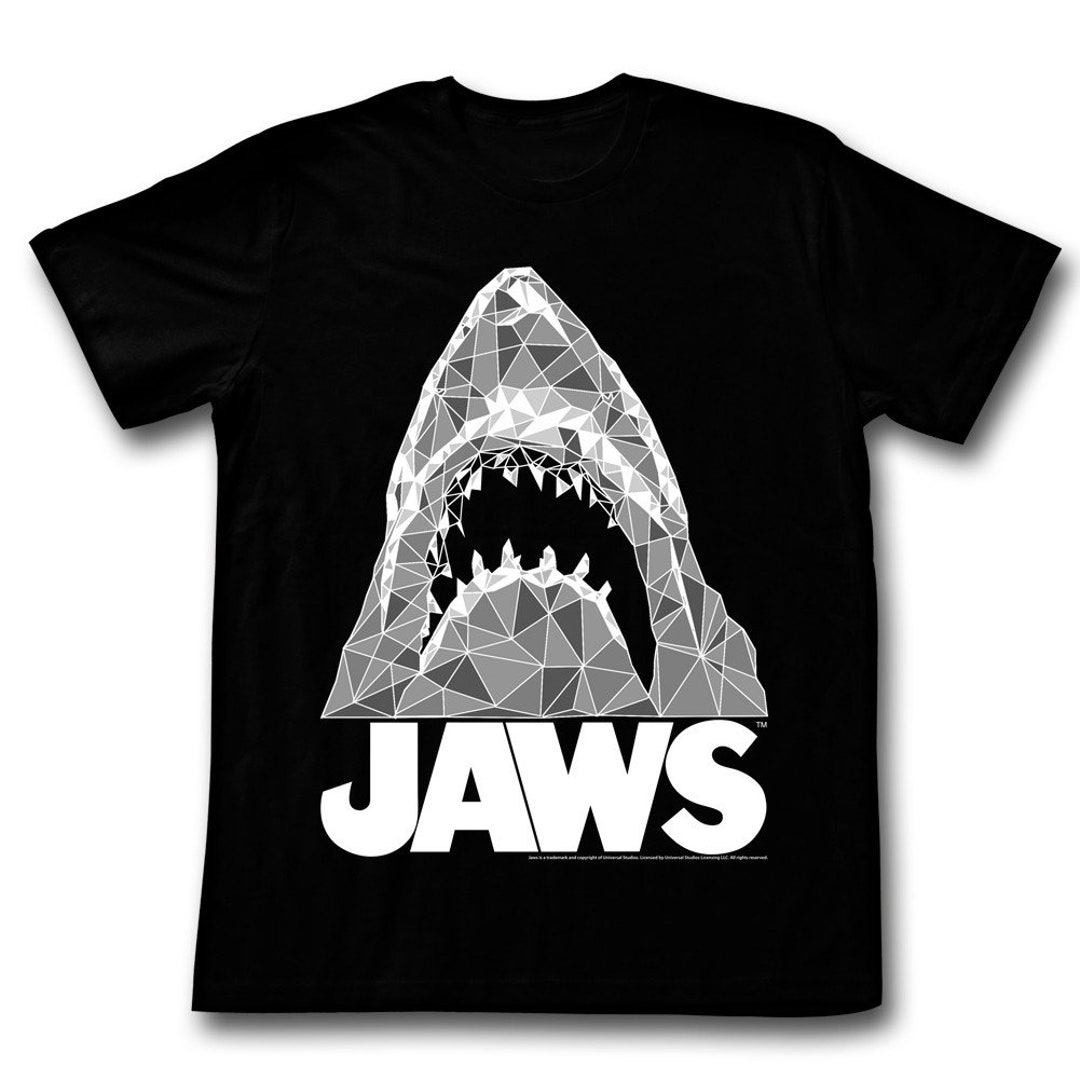 Jaws Men's Geometric Sharks Graphic T-Shirt - Officially Licensed Black Tee - Size X-Large