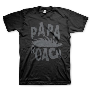 May include: Black t-shirt with a grey print of the band Papa Roach's name and a stylised cockroach.