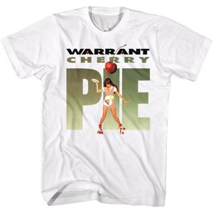 May include: White t-shirt with a green and white graphic of a woman on roller skates holding a pie. The text "WARRANT CHERRY PIE" is printed in black letters on the shirt.