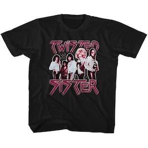 May include: Black t-shirt with a pink and white graphic of the band Twisted Sister. The band members are pictured in a row, with the band's name in large letters above them.