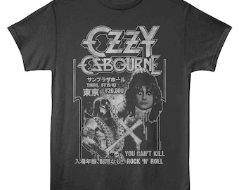 May include: Black t-shirt featuring a vintage Ozzy Osbourne concert graphic. The design includes the band's logo, images of Ozzy, and Japanese text. The text reads "YOU CAN'T KILL ROCK 'N' ROLL".