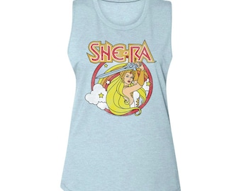 Masters Of The Universe Rainbow Sword Stonewash Denim Junior Women's Muscle Tank Top T-Shirt