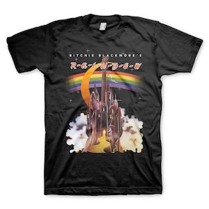 May include: Black t-shirt with a graphic of a castle and a rainbow. The text "Ritchie Blackmore's Rainbow" is printed on the shirt.