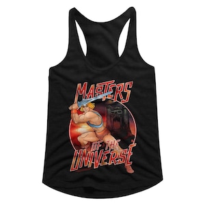 May include: Black tank top featuring a graphic of He-Man from Masters of the Universe. He-Man is holding his sword and standing in front of a red and orange background. The text "Masters of the Universe" is printed in red and white.
