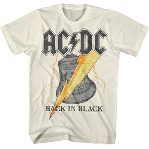 May include: A white t-shirt with a black and white graphic of a bell with a lightning bolt and the text "AC/DC" and "Back in Black".
