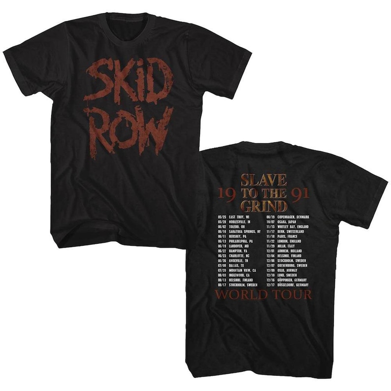 May include: Black t-shirt with a red "Skid Row" logo on the front and a tour date list on the back. The back of the shirt says "Slave to the Grind 1991 World Tour".