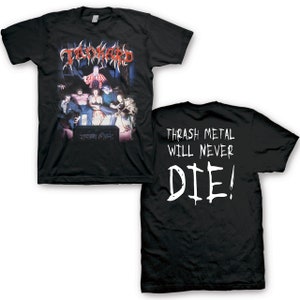 May include: Black t-shirt with a band logo and the words "Thrash Metal Will Never Die!" printed on the back.