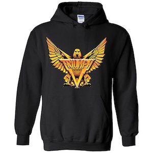 May include: Black hooded sweatshirt with a gold eagle graphic and the word "TRIUMPH" in a stylized font.