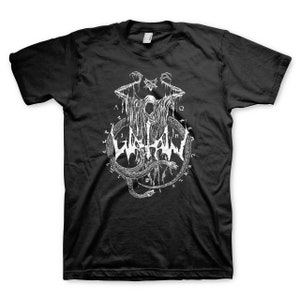 May include: Black t-shirt with a white graphic print of a hooded figure with a snake wrapped around it. The graphic also includes a pentagram and the letters "A" and "Ω". The text "GORGOROTH" is printed in a stylized font.