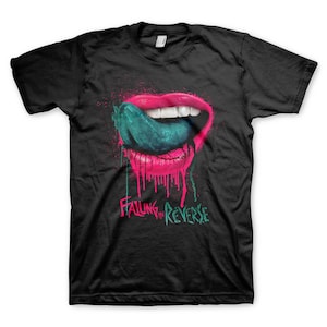 May include: Black t-shirt with a graphic of a pink mouth with a green tongue sticking out. The text "Falling in Reverse" is printed below the mouth.