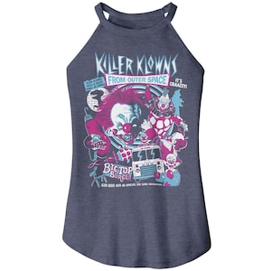 May include: A blue tank top featuring a graphic of clowns from the film Killer Klowns from Outer Space. The graphic includes the text "Killer Klowns from Outer Space" and "Big Top Burger".