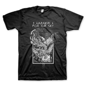 May include: Black t-shirt with a white graphic print of a bird with outstretched wings. The text "Harakiri for the Sky" is printed above the graphic.