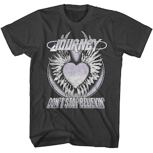 May include: Black t-shirt with a white graphic of a heart with wings and the text "JOURNEY" and "DON'T STOP BELIEVIN'"