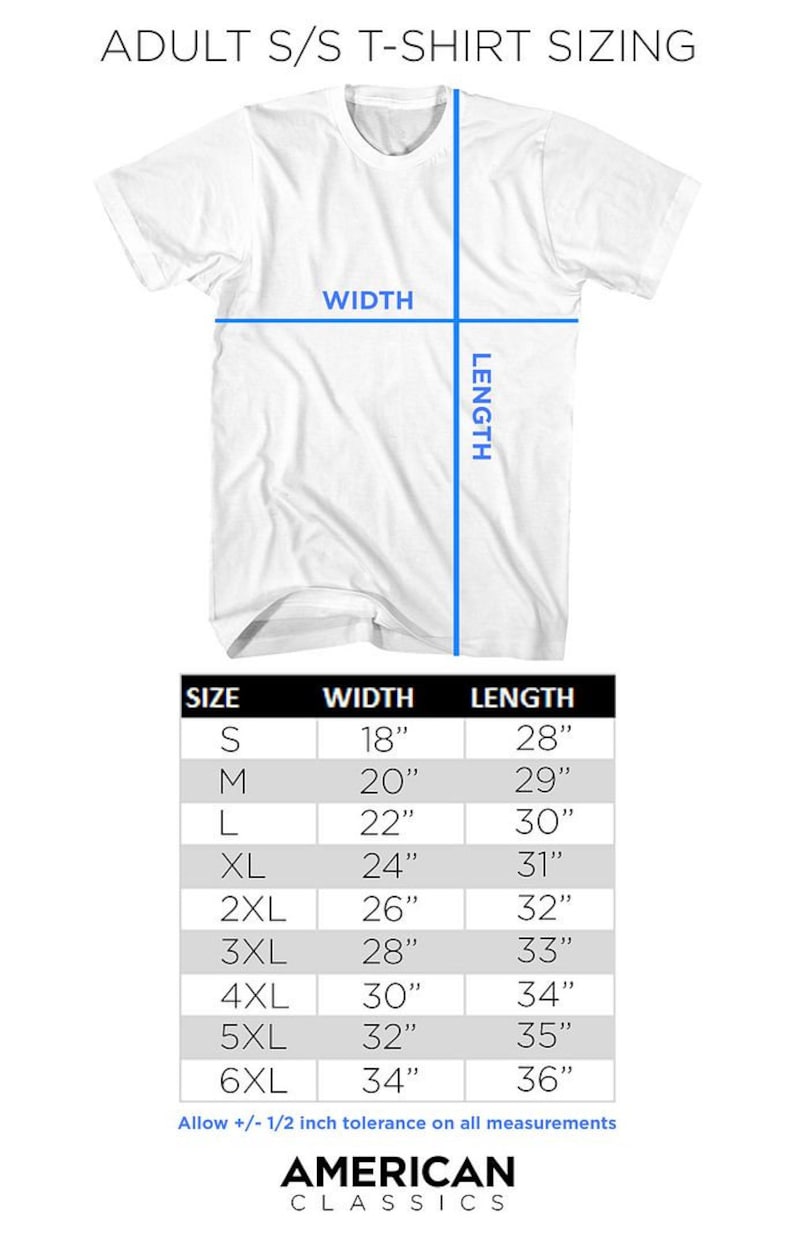 May include: A size chart for adult short-sleeved t-shirts. The chart shows the width and length measurements in inches for sizes S through 6XL.