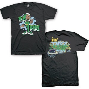 May include: Black t-shirt with a green and yellow graphic print of a cartoon character with the text "Rob Base" and a turntable with the text "It Takes Skill To Make Music That Makes You Feel" on the back.
